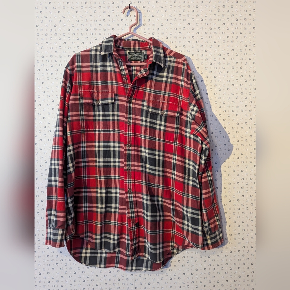 Polo Country Shirt Vintage Ralph Lauren Men's Red Plaid Button Down Rare Fraying
